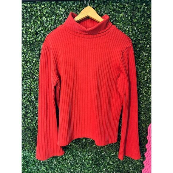 Anthropologie Corey Lynn Calter Red Ribbed Turtleneck Sweater Sz Large Bell Slee - Picture 1 of 4